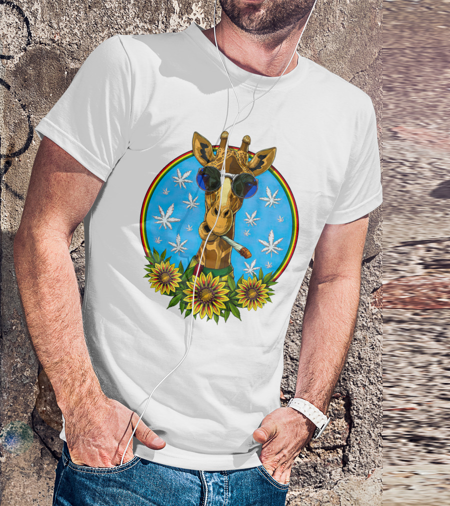 Giraffe Stoner Smoking Weed Joint With Sunglasses And Sunflowers T-Shirt