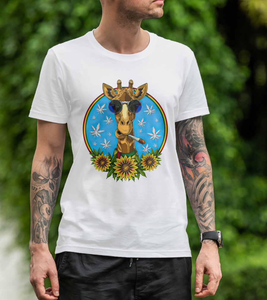 Giraffe Stoner Smoking Weed Joint With Sunglasses And Sunflowers T-Shirt