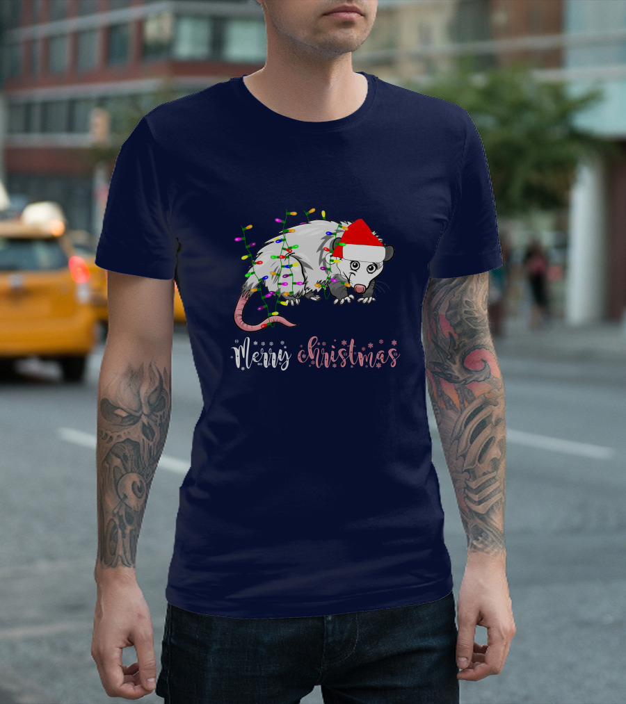Merry Christmas Funny Opossum with Santa Hat and Lights for Opossum Lover T-Shirt