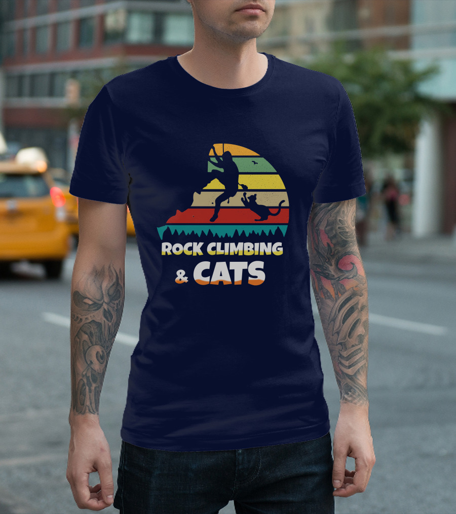 Rock Climbing and Cats Retro Stripes Adventure T-Shirt