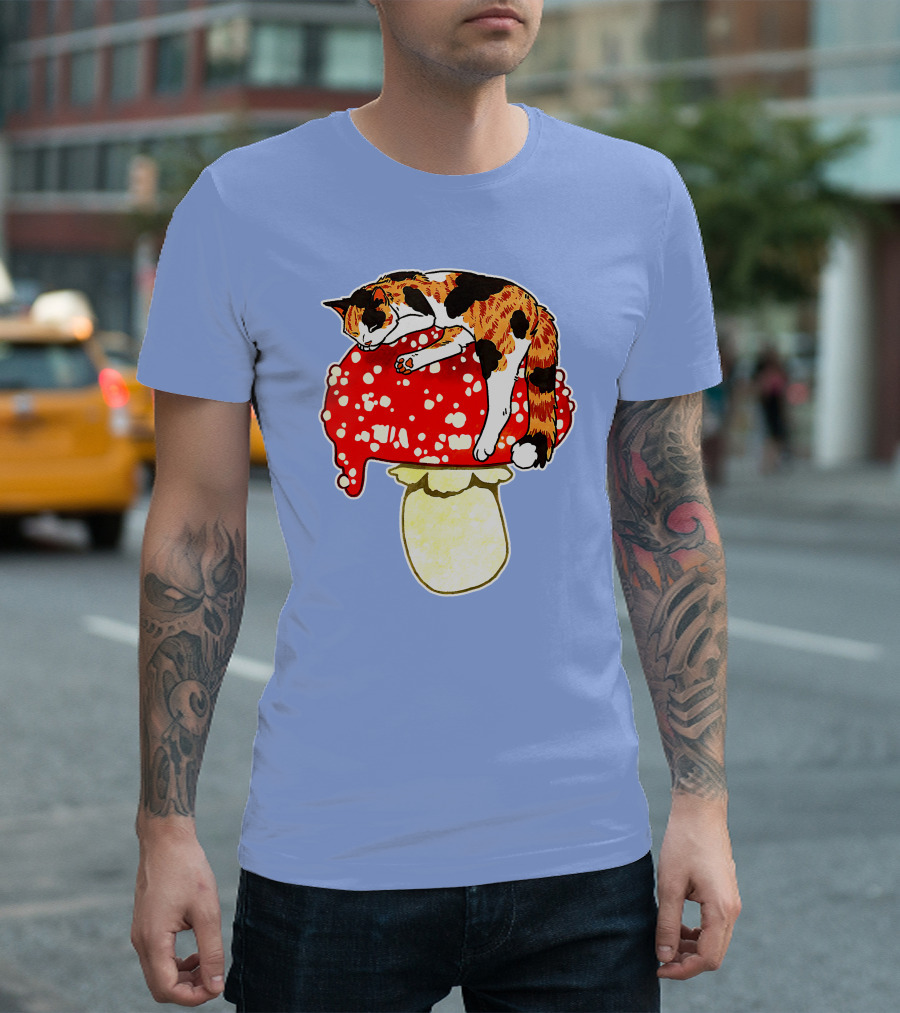 Cute Calico Cat Napping on Red Spotted Mushroom T-Shirt