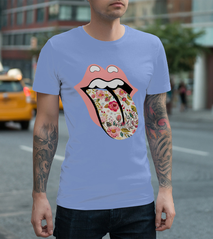 Vintage Rolling The Stone Tongue Floral Hippie Gypsie Soul T-Shirt