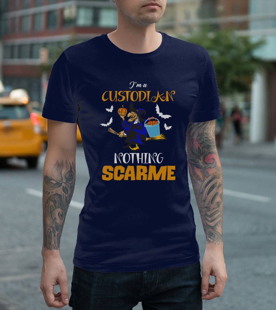 I'm A Custodian Nothing Scare Me Witch Halloween Broom Pumpkins T-Shirt
