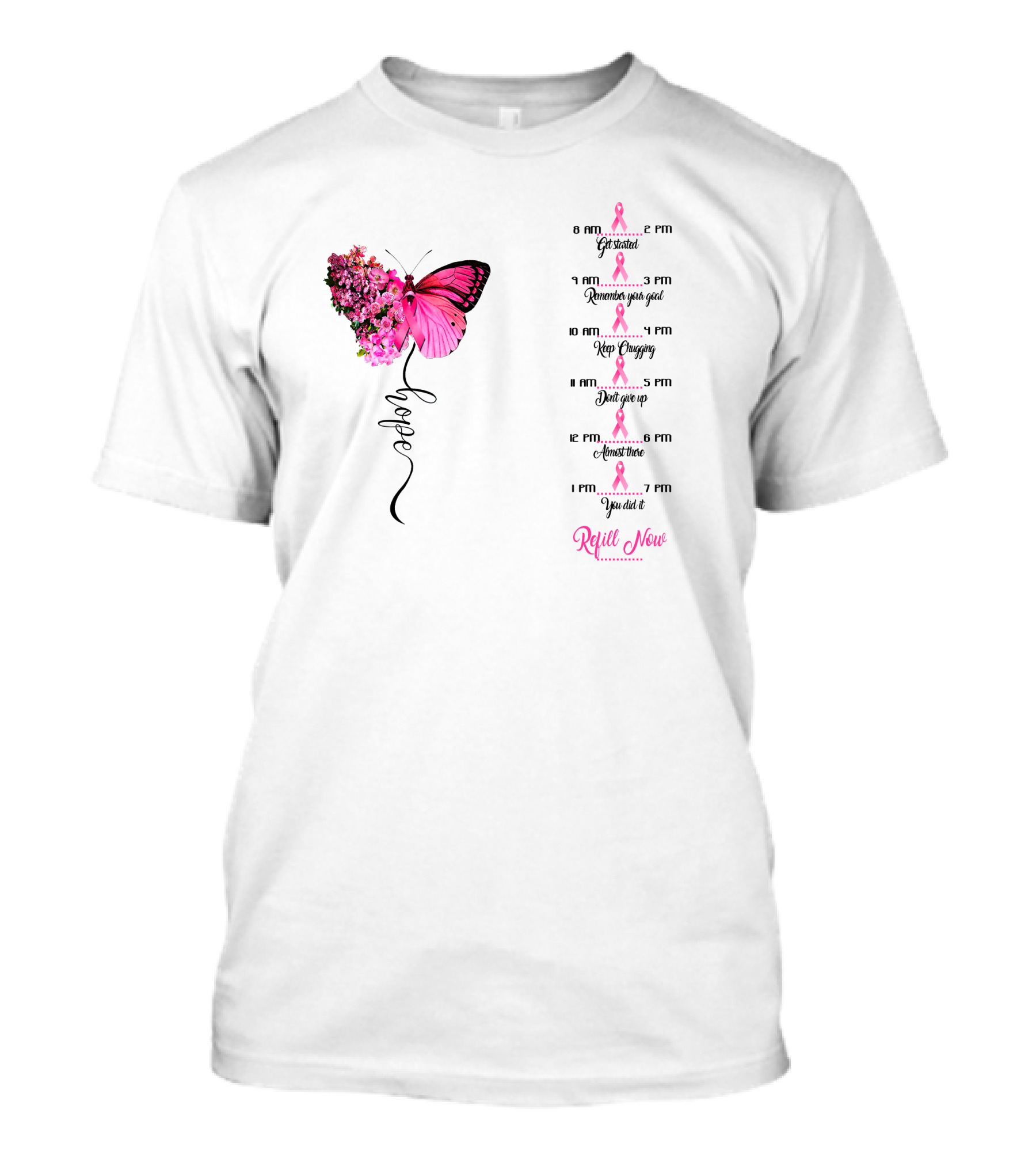 Breast Cancer Hope Pink Butterfly Motivational Tracking Water Bottle 32 Oz Get Started Keep Chugging Don't Give Up Almost There Refill Now T-Shirt