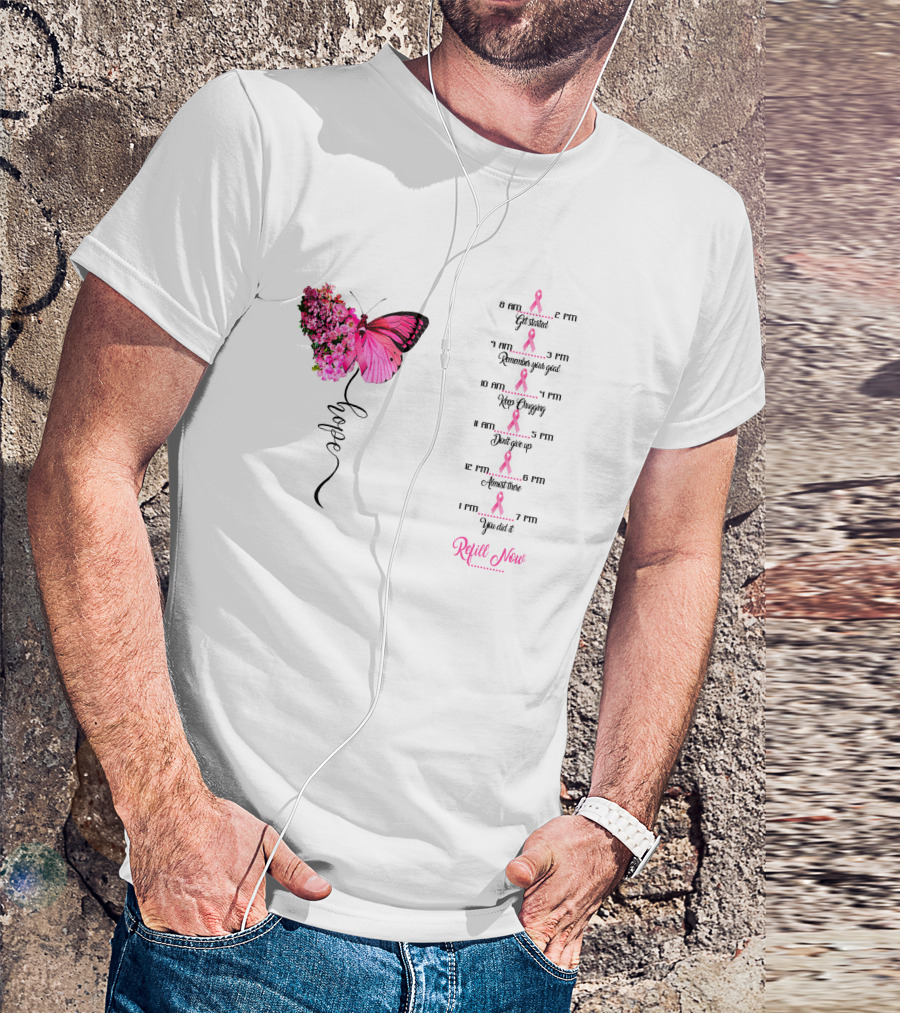 Breast Cancer Hope Pink Butterfly Motivational Tracking Water Bottle 32 Oz Get Started Keep Chugging Don't Give Up Almost There Refill Now T-Shirt