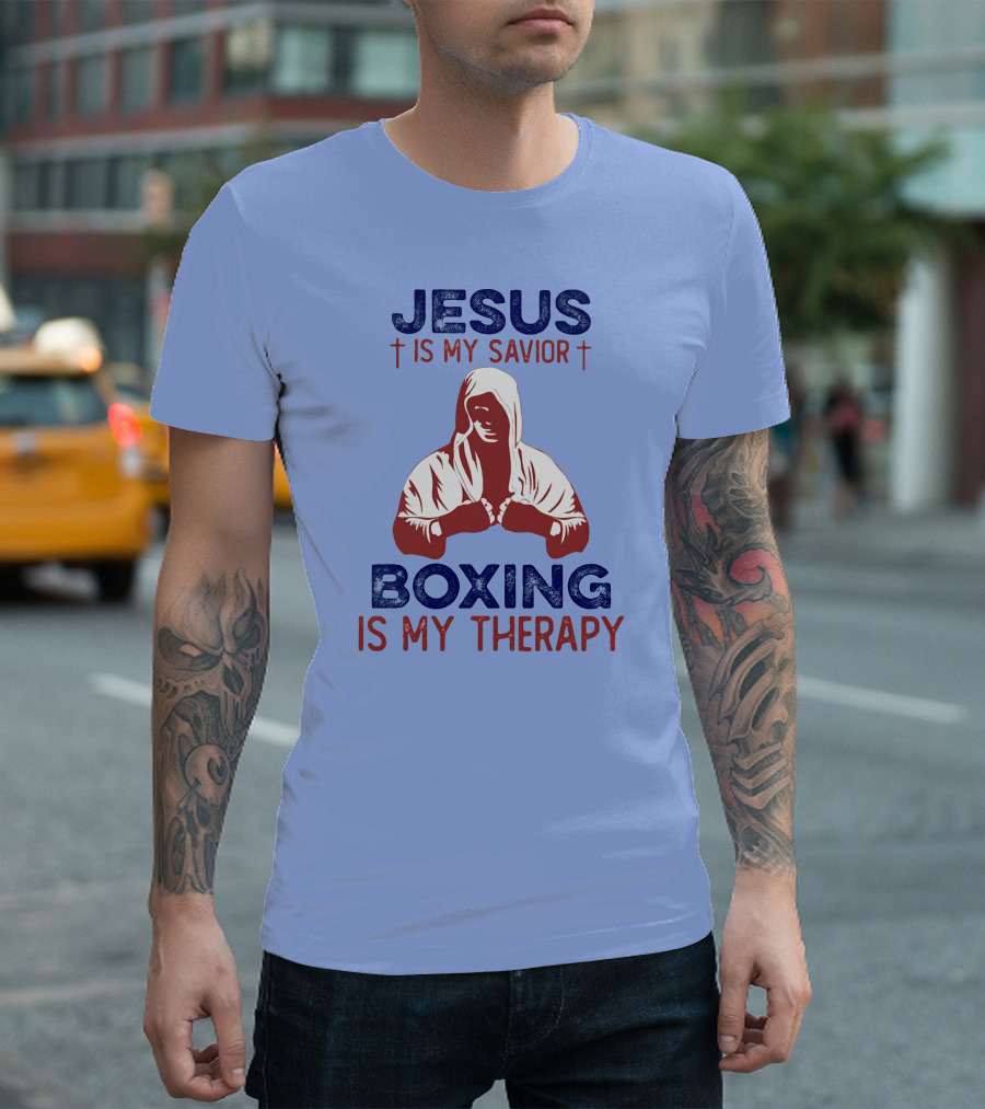 Jesus Is My Savior Boxing Is My Therapy Hoodie-Clad Figure T-Shirt