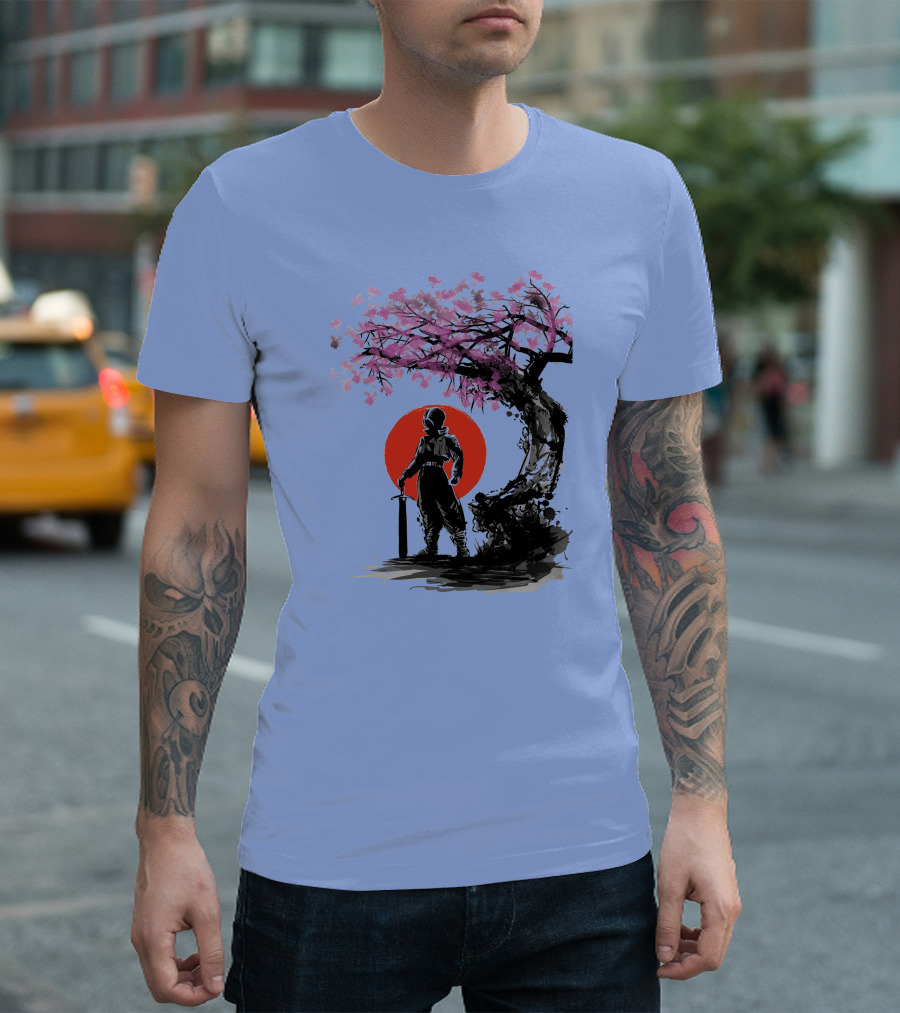 Trunks Hope Under The Sun Cherry Blossom Silhouette with Sword Red Circle Background T-Shirt