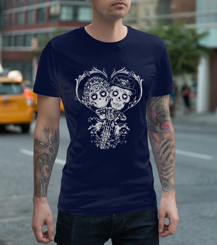 Motorcycle Couple Skeletons With Heart Eyes Riding Together T-Shirt