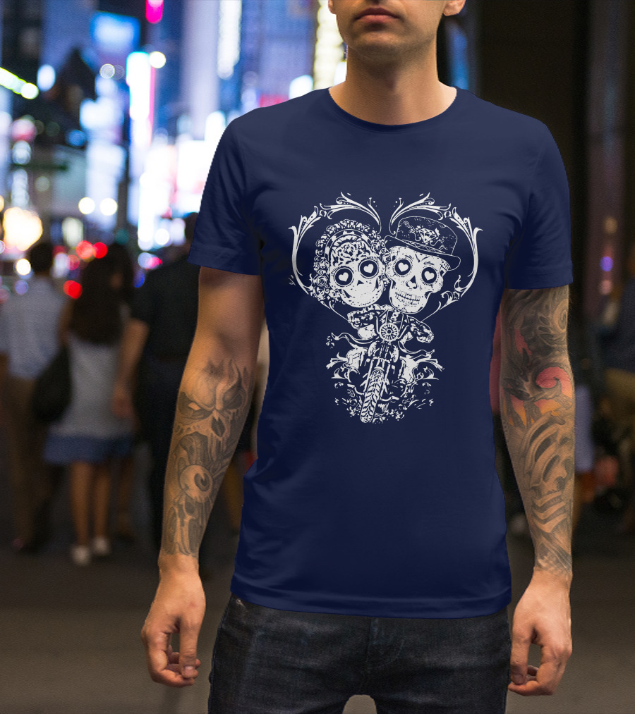 Motorcycle Couple Skeletons With Heart Eyes Riding Together T-Shirt