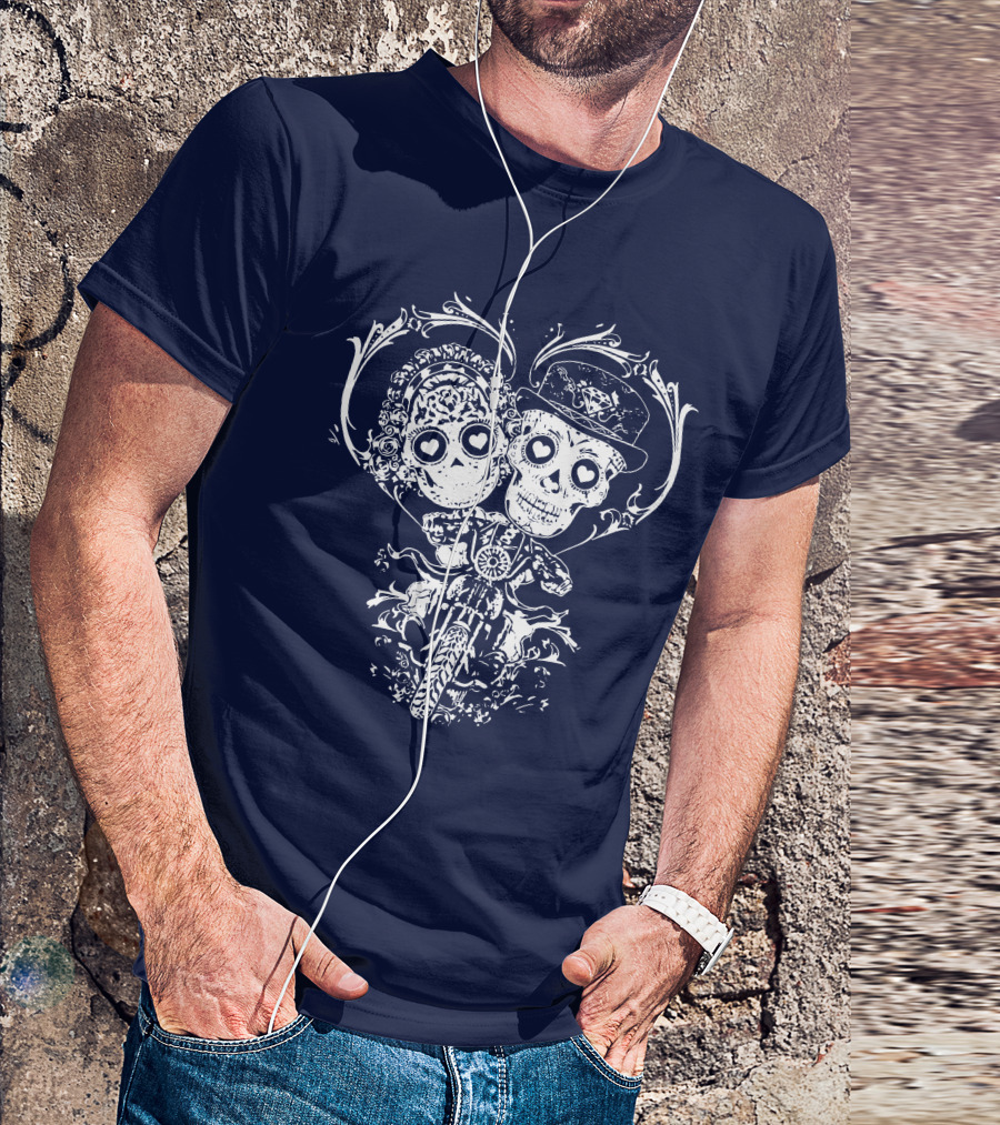 Motorcycle Couple Skeletons With Heart Eyes Riding Together T-Shirt