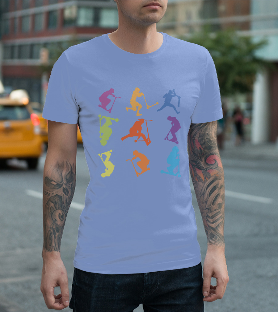 Stunt Scooter Tricks Multicolor Silhouettes in Action T-Shirt