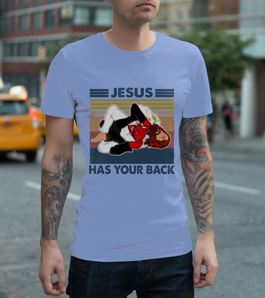 Jesus Has Your Back Retro Jiu Jitsu Grappling T-Shirt