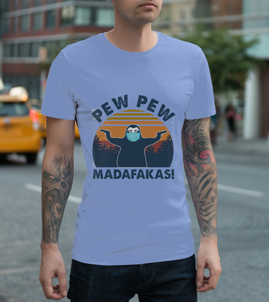 Pew Pew Madafakas Sloth Mask Forest Silhouette Sunset T-Shirt