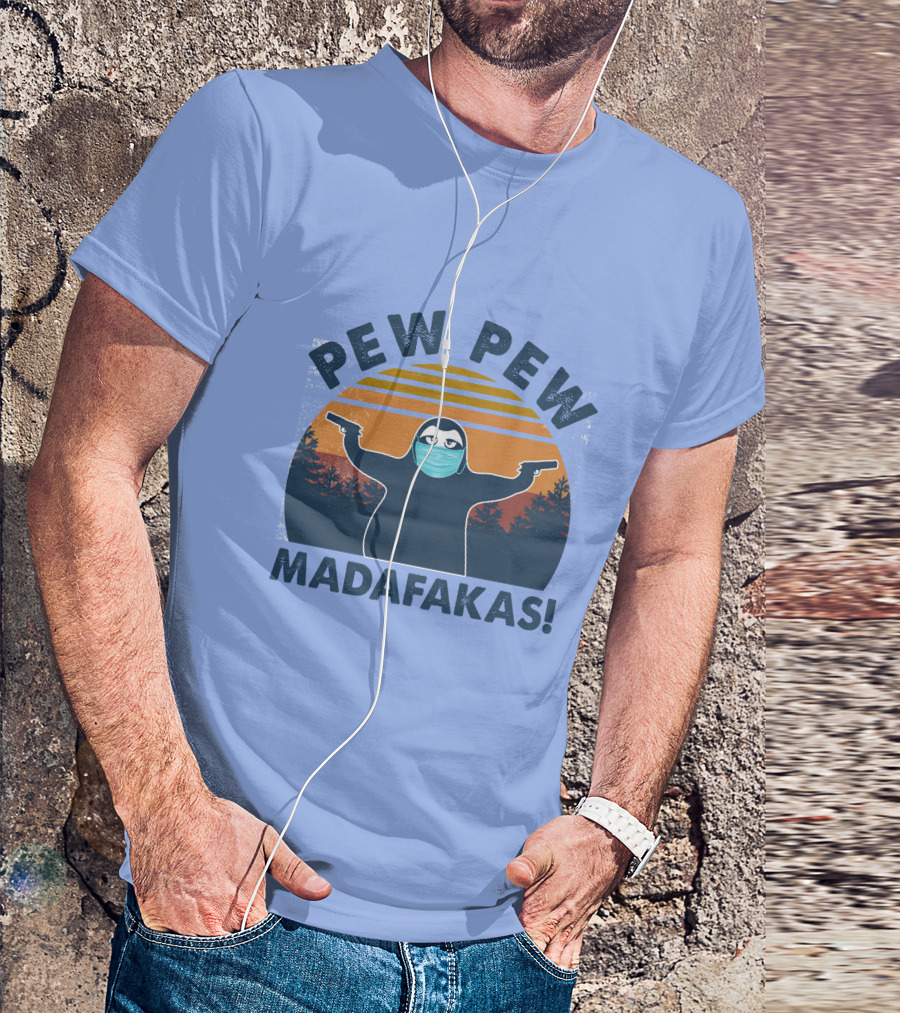 Pew Pew Madafakas Sloth Mask Forest Silhouette Sunset T-Shirt