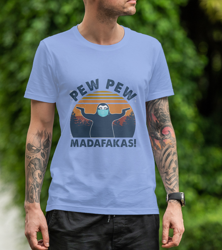 Pew Pew Madafakas Sloth Mask Forest Silhouette Sunset T-Shirt