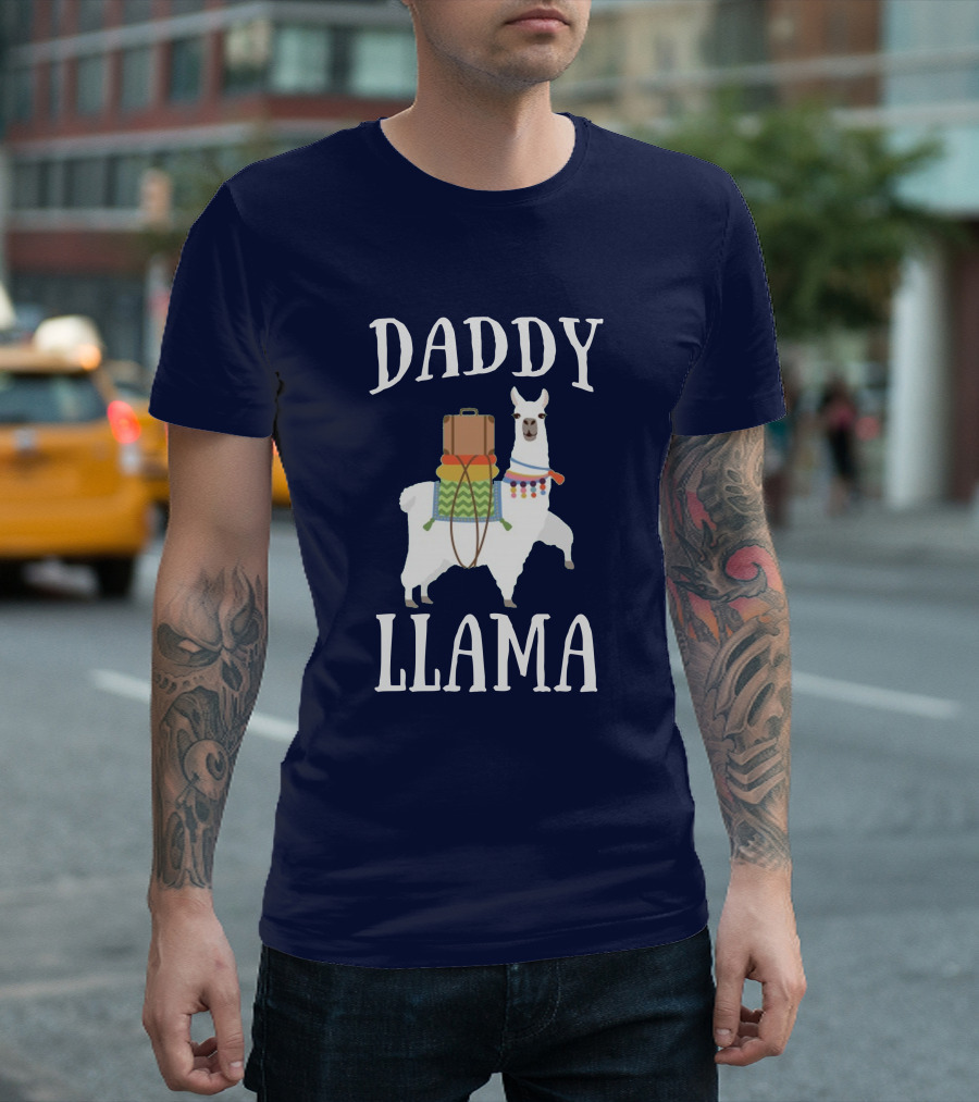 Daddy Llama White Llama Illustration with Colorful Saddle and Luggage T-Shirt