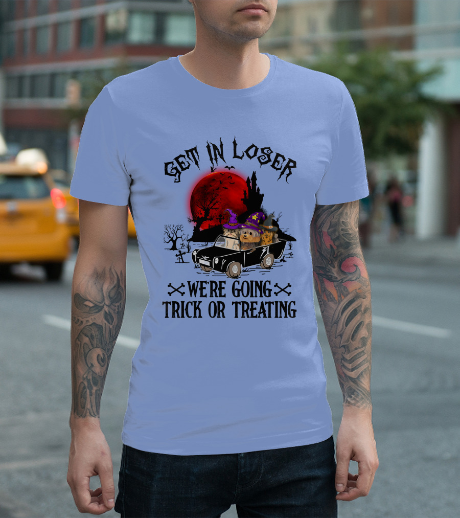 GET IN LOSER WE'RE GOING TRICK OR TREATING Yorkshire Terrier Halloween Car Scene with Red Moon and Spooky Castle T-Shirt