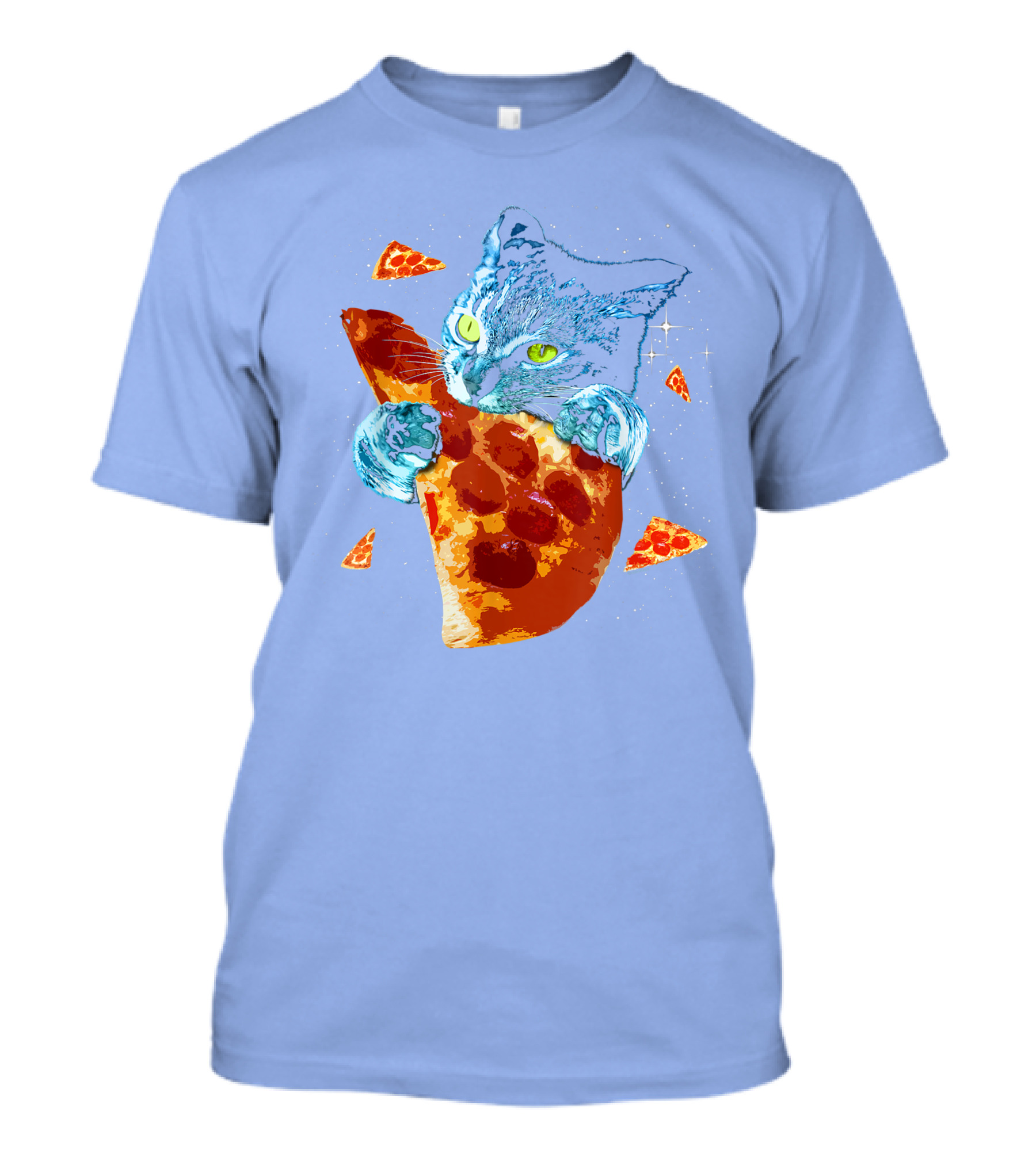 Space Cat Hugging Giant Pizza Slice With Floating Pepperoni Pizza Triangles T-Shirt
