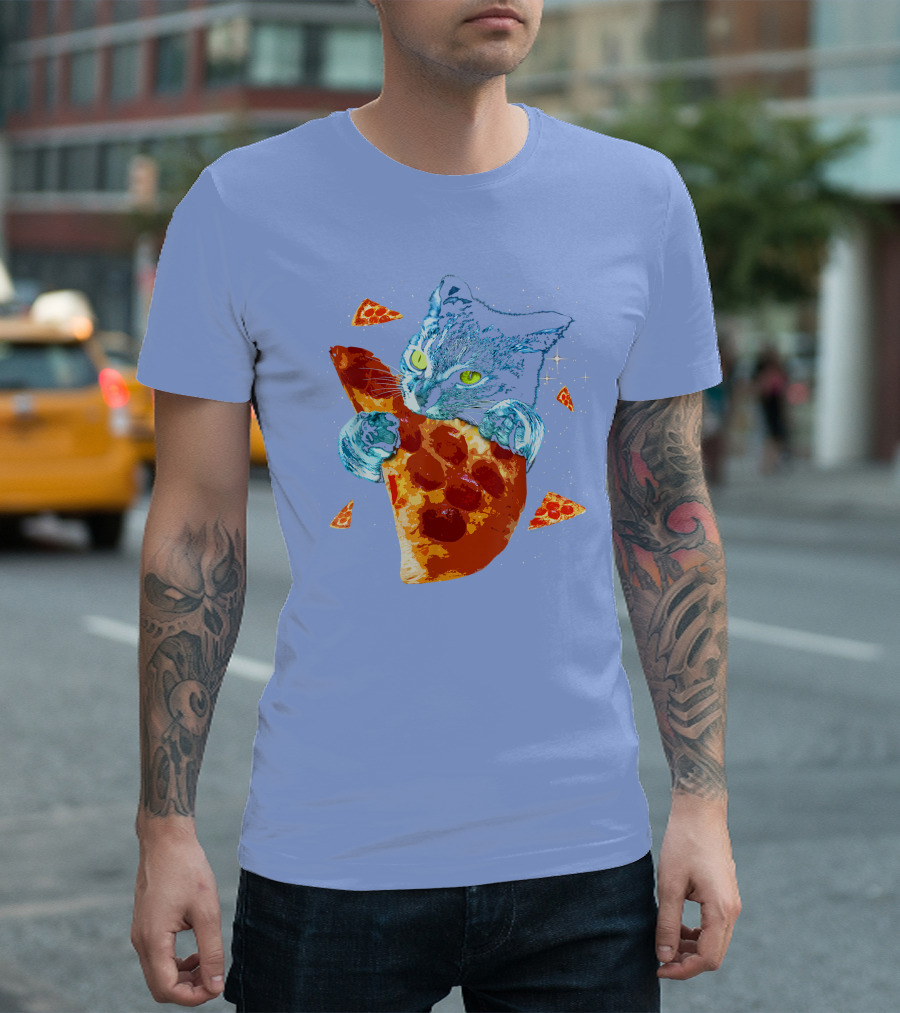 Space Cat Hugging Giant Pizza Slice With Floating Pepperoni Pizza Triangles T-Shirt