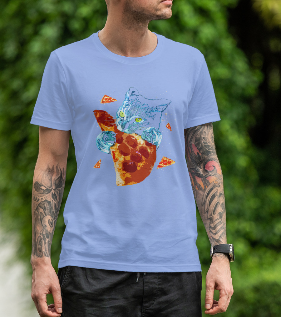 Space Cat Hugging Giant Pizza Slice With Floating Pepperoni Pizza Triangles T-Shirt