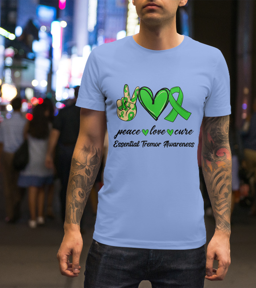 Peace Love Cure Green Ribbon Essential Tremor Awareness T-Shirt