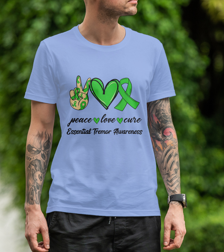 Peace Love Cure Green Ribbon Essential Tremor Awareness T-Shirt