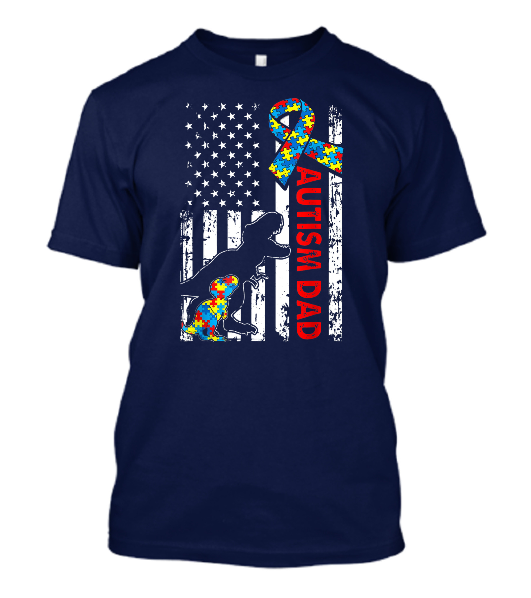 Distressed USA Flag Autism Dad Dinosaur Puzzle Ribbon Awareness T-Shirt