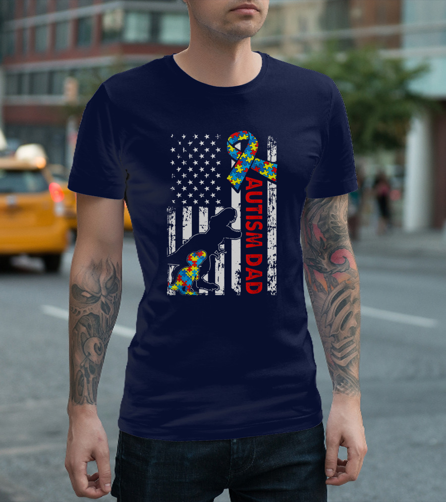 Distressed USA Flag Autism Dad Dinosaur Puzzle Ribbon Awareness T-Shirt