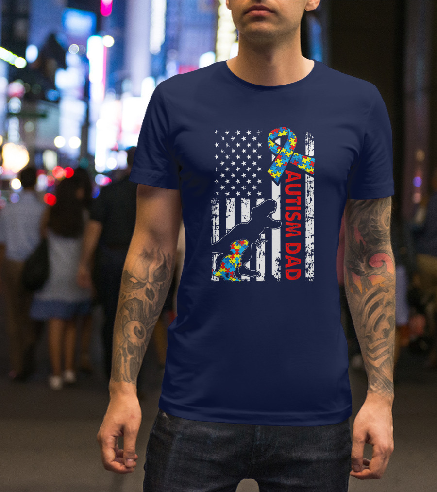 Distressed USA Flag Autism Dad Dinosaur Puzzle Ribbon Awareness T-Shirt