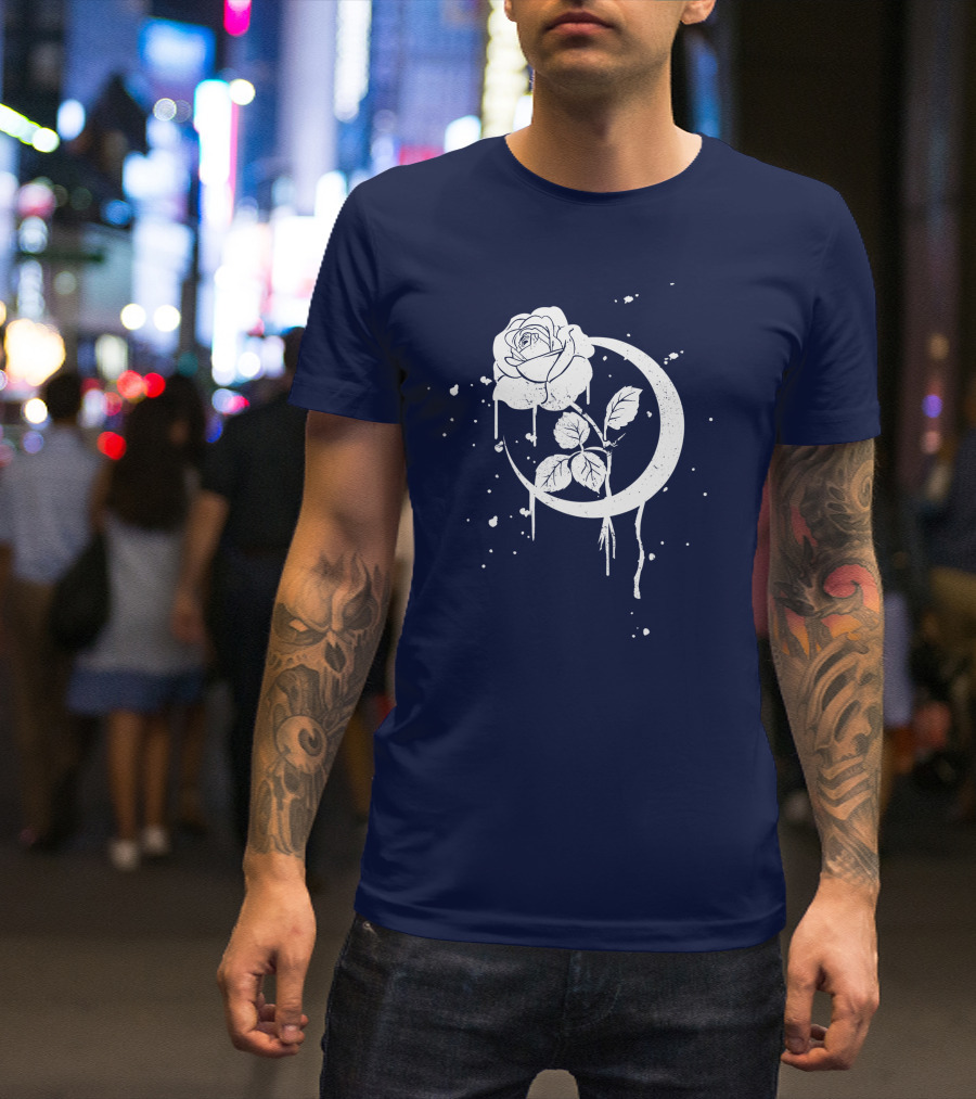 Occult Moon Rose Gothic Dripping Crescent Blossom T-Shirt