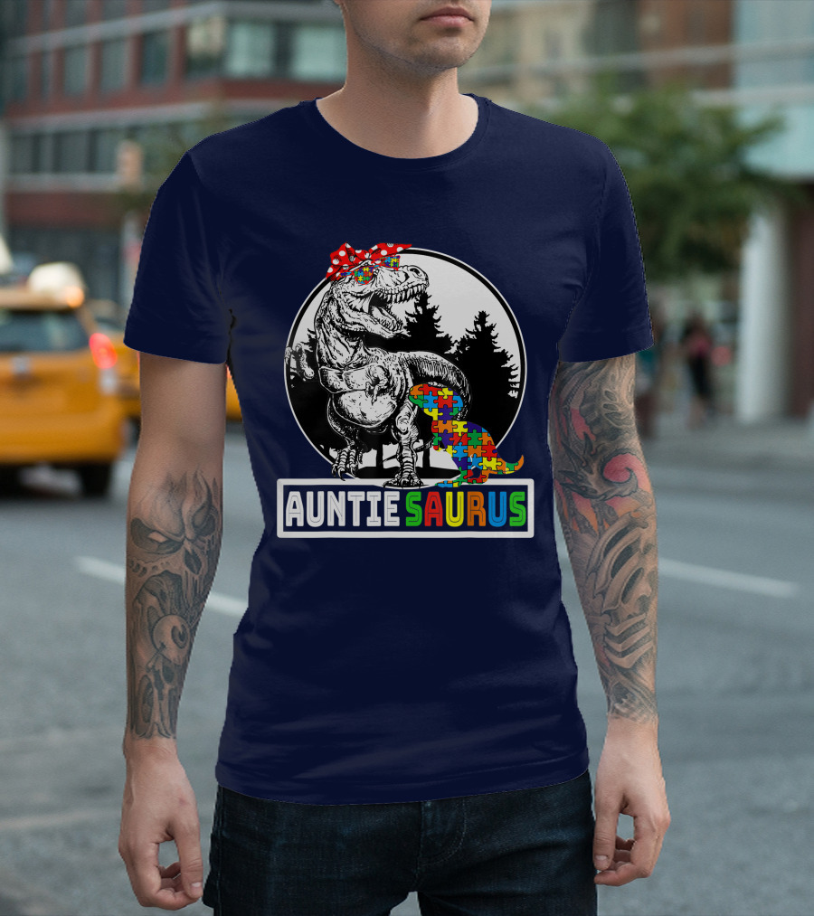 Auntiesaurus Rex Dinosaur Puzzle Pattern with Autism Awareness Saurus T-Shirt