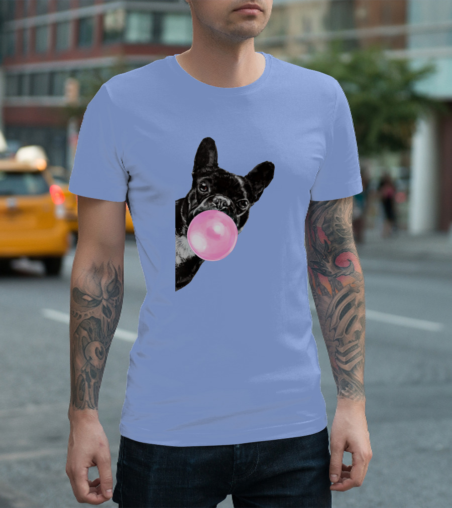 Sneaky French Bulldog Blowing Bubble Gum in Green Tint T-Shirt