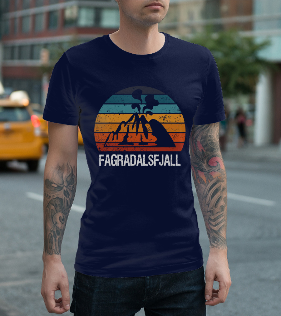 Fagradalsfjall Mountain Volcano Eruption Retro Sunset Stripes T-Shirt
