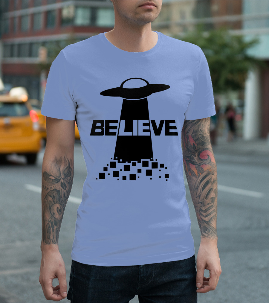 Believe UFO Alien Beam Pixels T-Shirt
