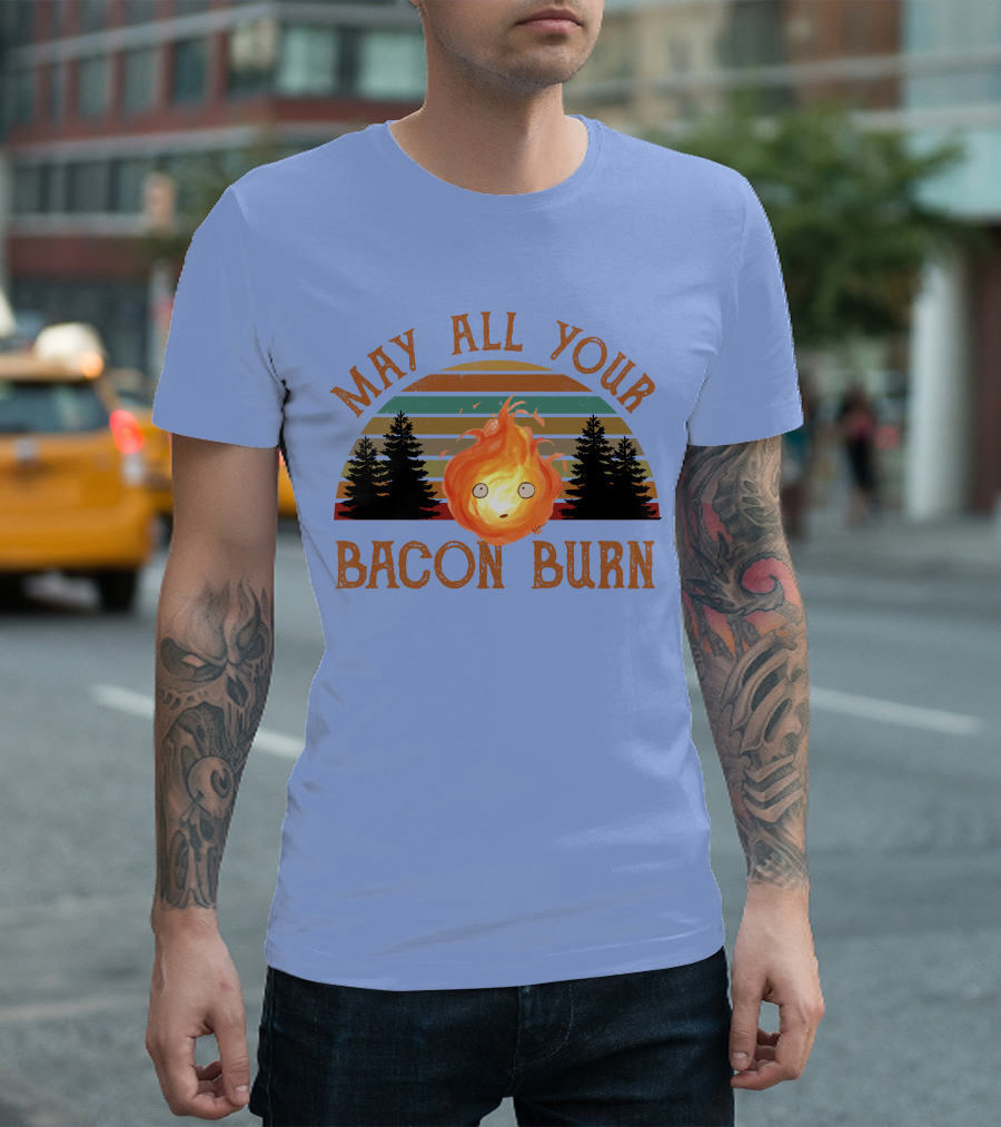 May All Your Bacon Burn Vintage Fire Character Retro Trees Sunset T-Shirt