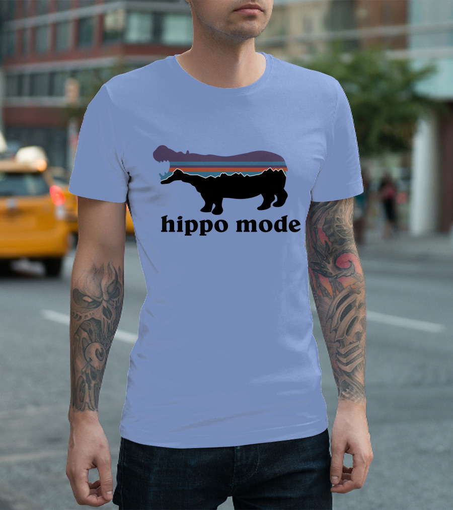 Hippo Mode Silhouette with Vintage Landscape Stripes T-Shirt