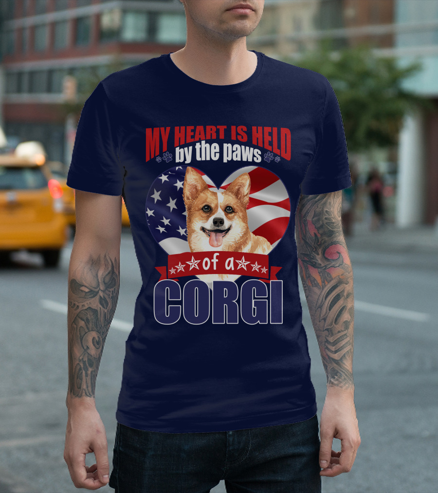 MY HEART IS HELD BY THE PAWS OF A CORGI AMERICAN FLAG HEART T-Shirt