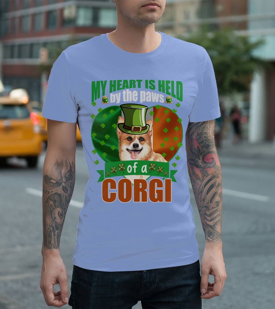 My Heart Is Held by the Paws of a Corgi with Irish Clover and Hat T-Shirt