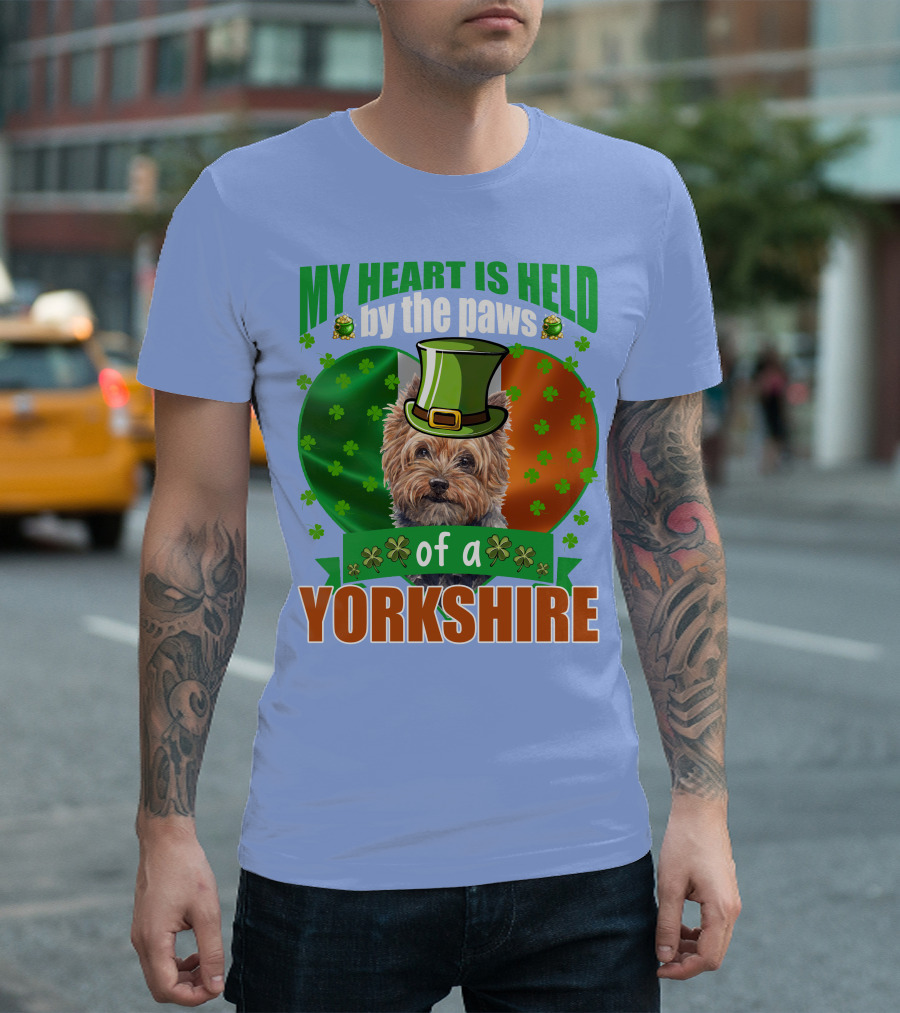 My Heart is Held by the Paws of a Yorkshire Terrier with Irish Clover and Hat T-Shirt