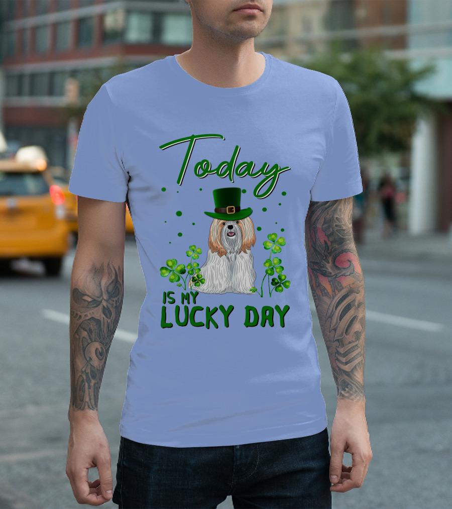 Today Is My Lucky Day Shih Tzu With Shamrocks And Green Hat T-Shirt