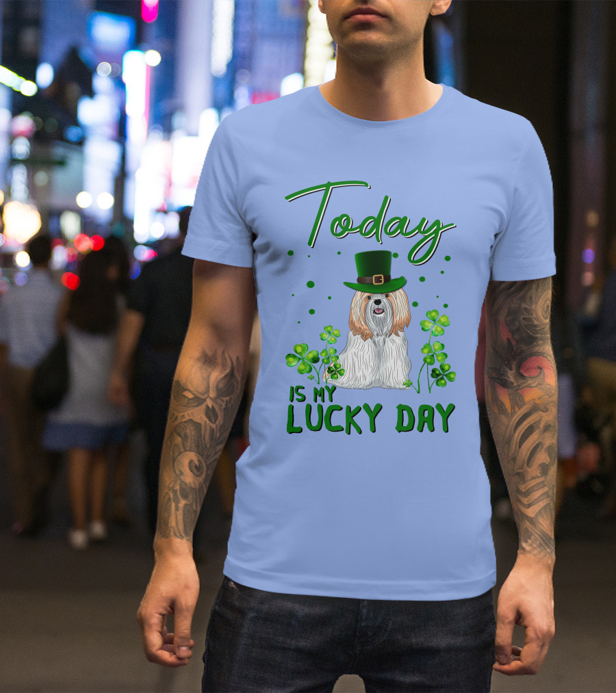 Today Is My Lucky Day Shih Tzu With Shamrocks And Green Hat T-Shirt