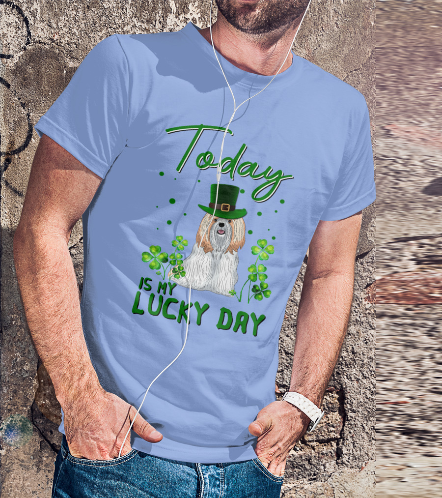 Today Is My Lucky Day Shih Tzu With Shamrocks And Green Hat T-Shirt
