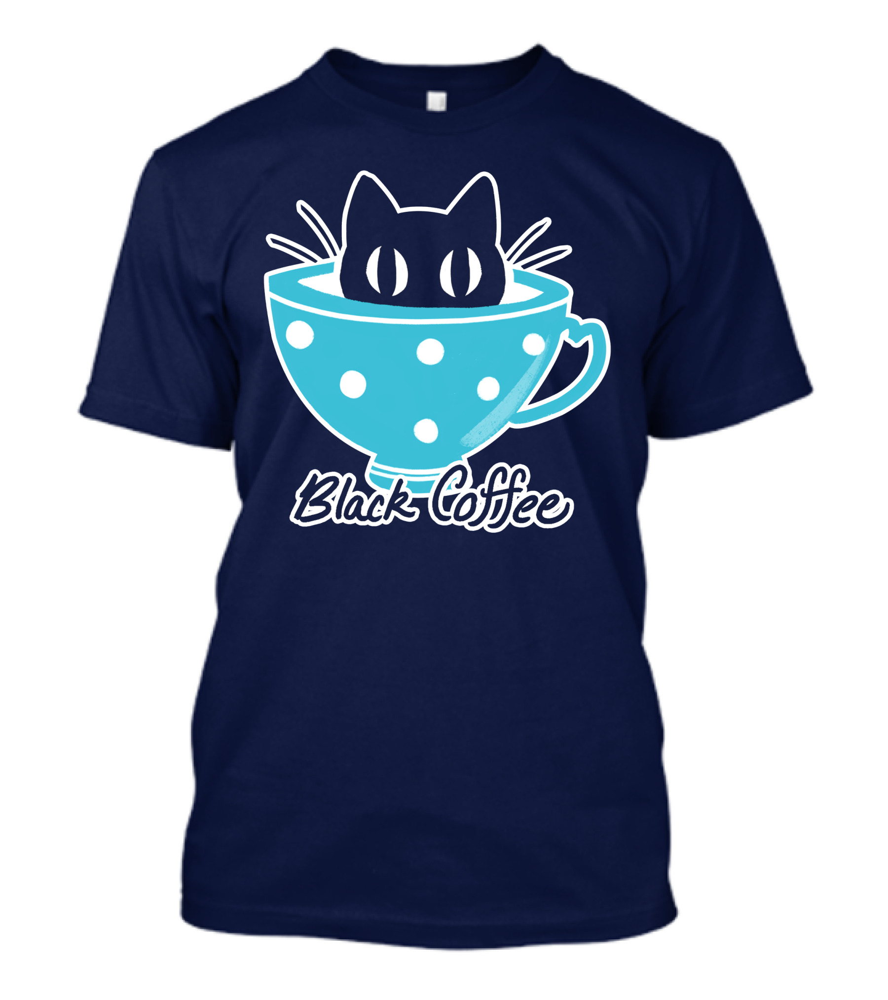 Black Coffee Cat In Blue Polka Dot Teacup T-Shirt