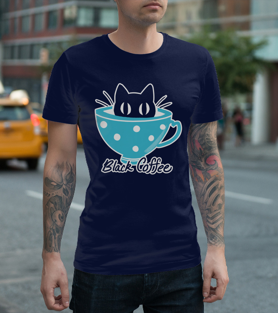 Black Coffee Cat In Blue Polka Dot Teacup T-Shirt
