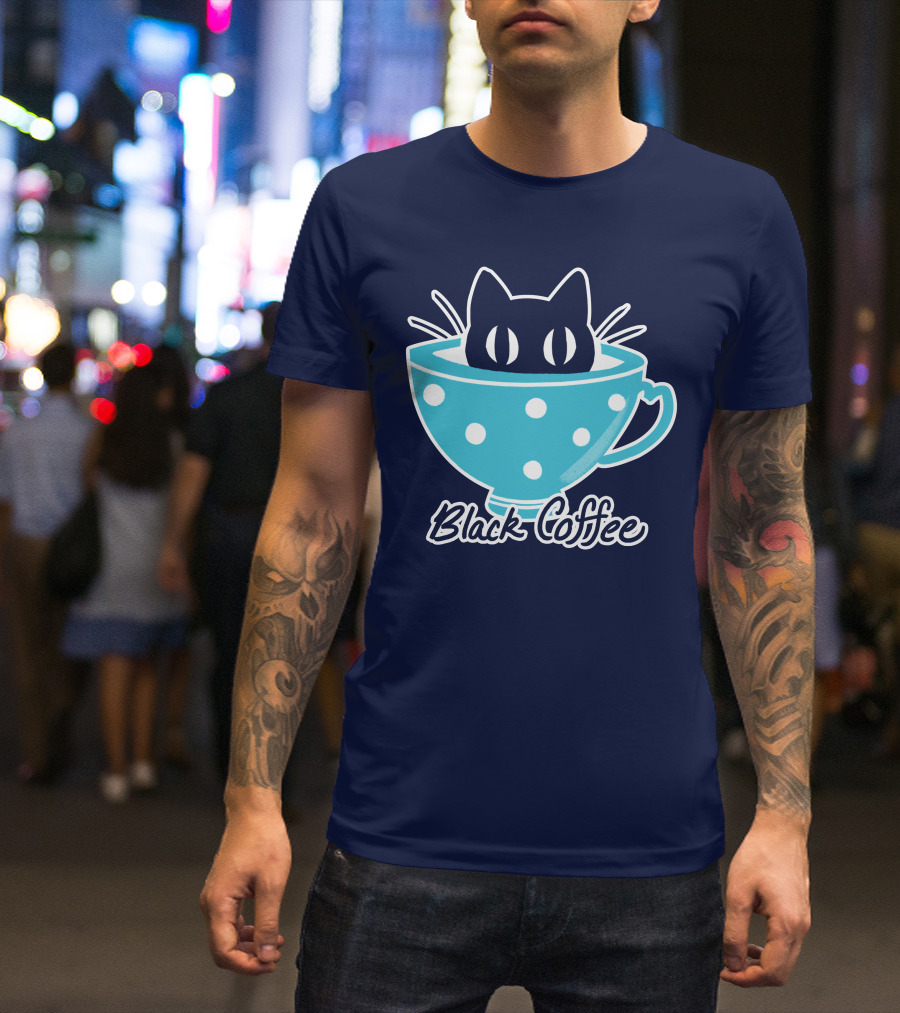 Black Coffee Cat In Blue Polka Dot Teacup T-Shirt