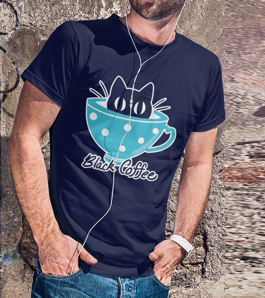 Black Coffee Cat In Blue Polka Dot Teacup T-Shirt