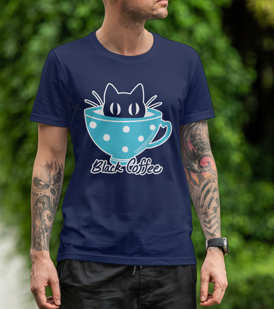 Black Coffee Cat In Blue Polka Dot Teacup T-Shirt