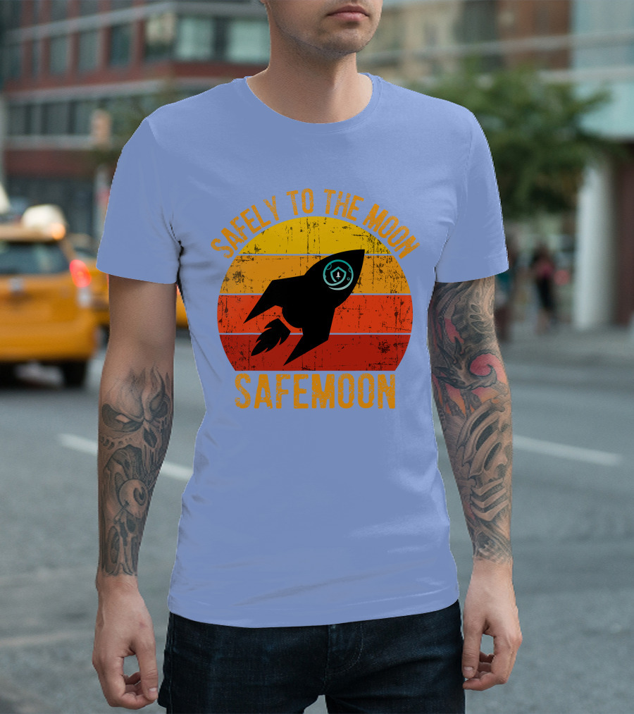Safemoon Safely To The Moon Crypto Vintage Rocket Sunset Background T-Shirt