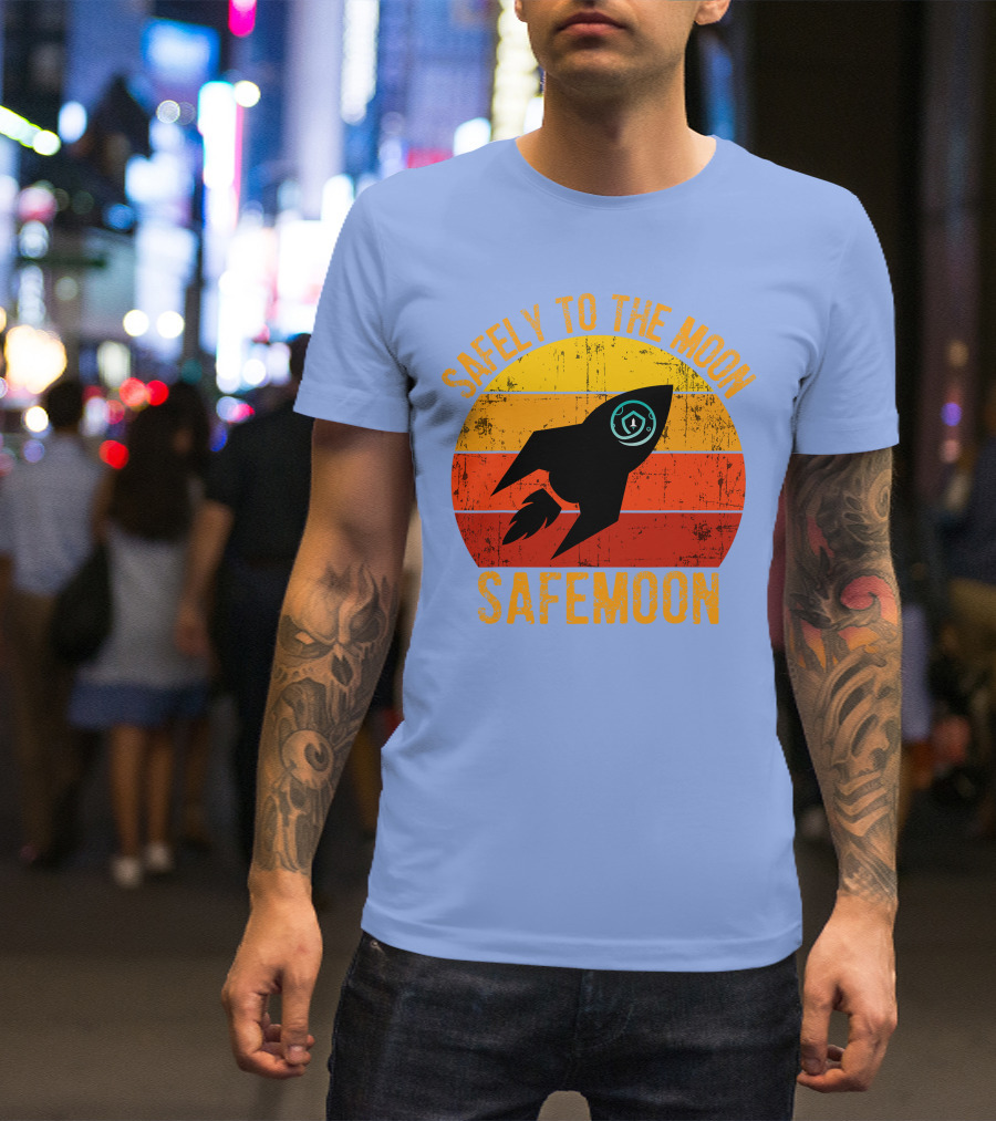 Safemoon Safely To The Moon Crypto Vintage Rocket Sunset Background T-Shirt