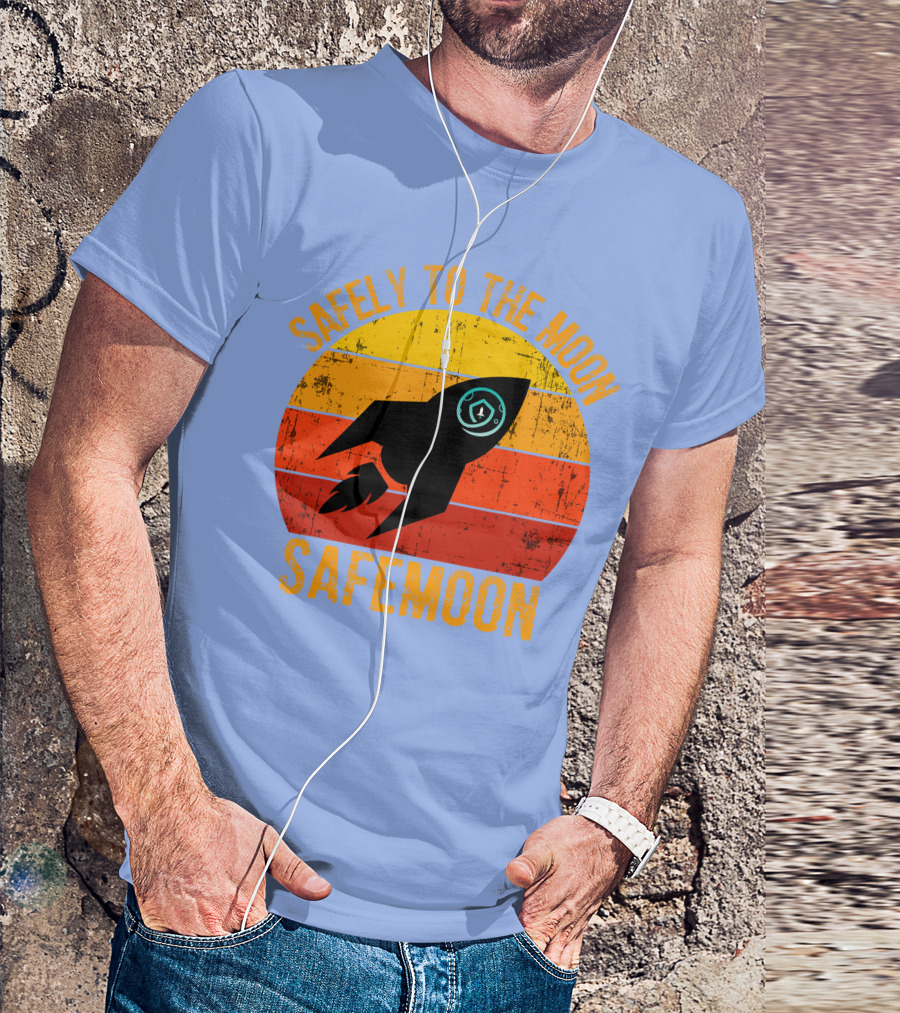 Safemoon Safely To The Moon Crypto Vintage Rocket Sunset Background T-Shirt